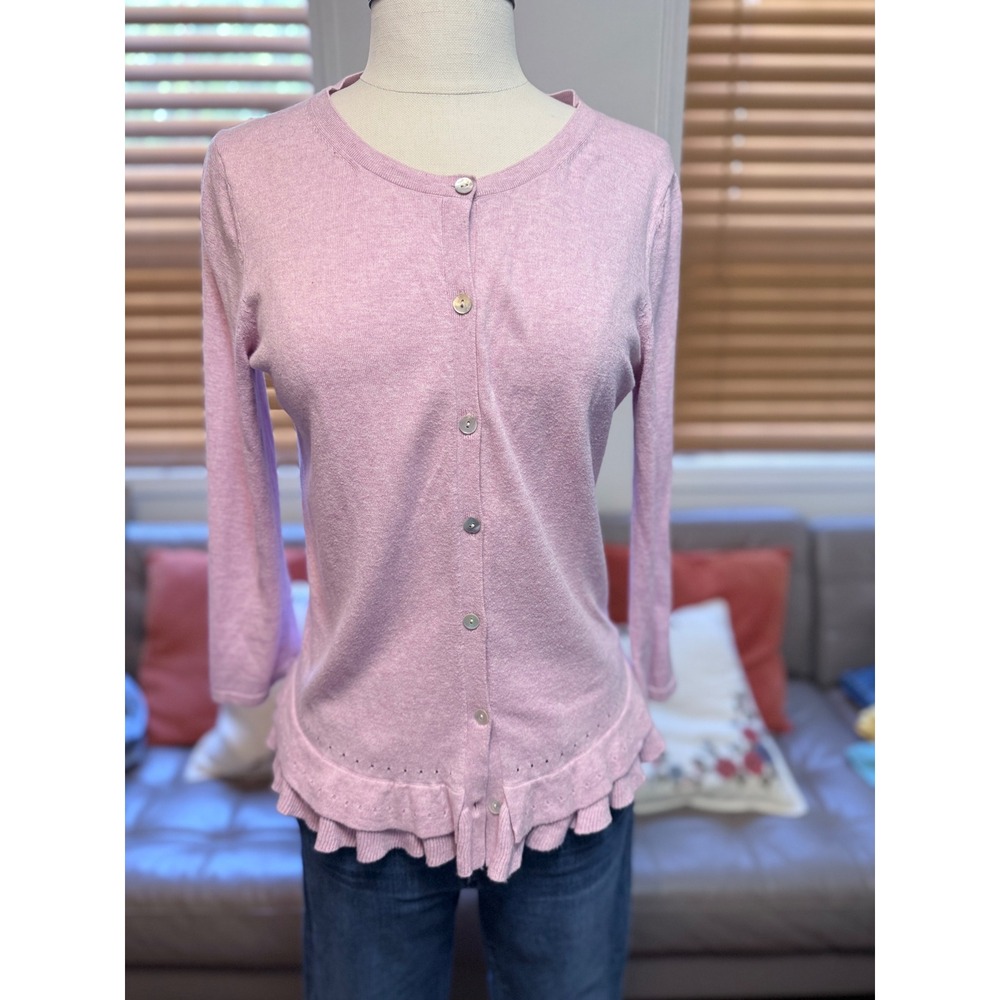 Banana Republic Pink Cotton Silk Ruffle Hem Cardigan Sweater Small